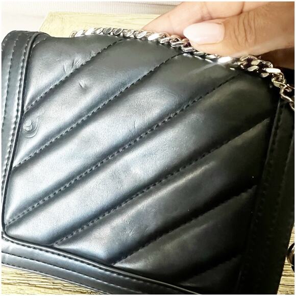 French Connection Quilted Square Shoulder Bag Chain Strap Sm Black Faux Leather - Picture 5 of 9